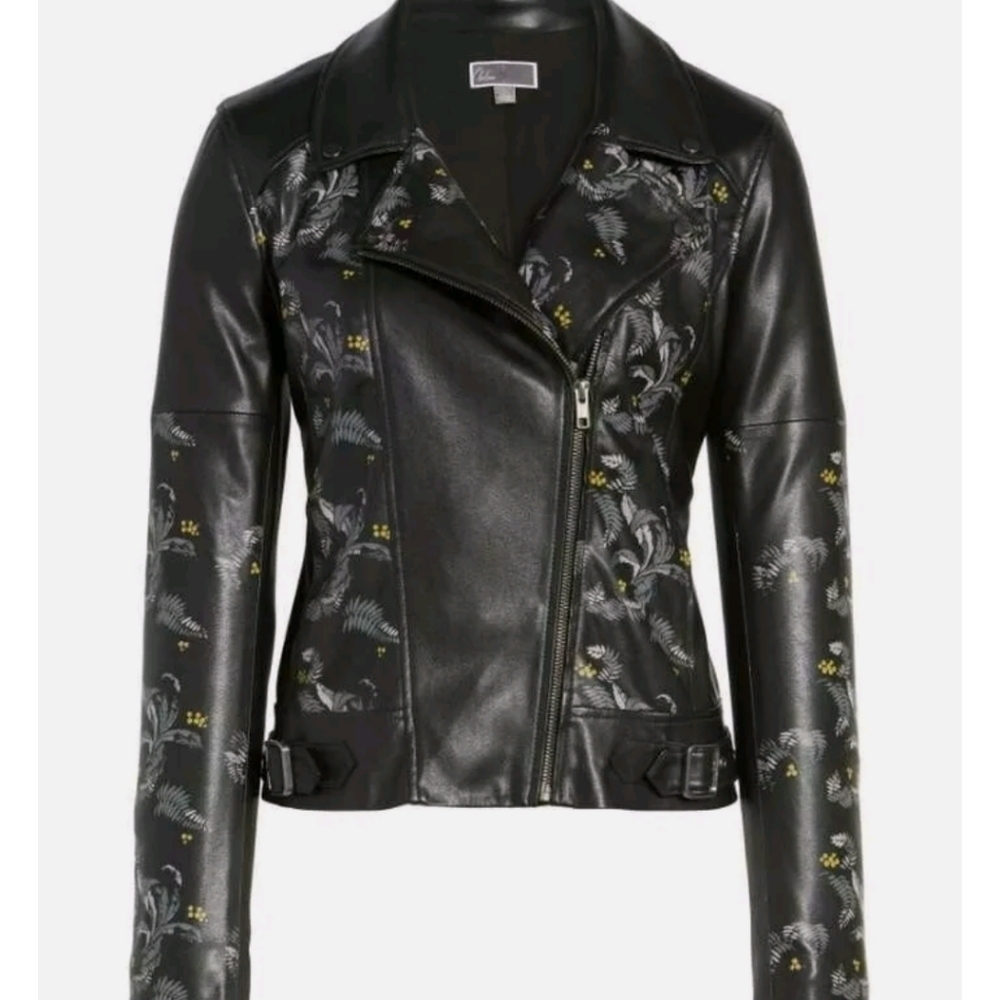 Chelsea28 Black Nocturnal Garden Floral Print Faux Leather Jacket Moto Medium